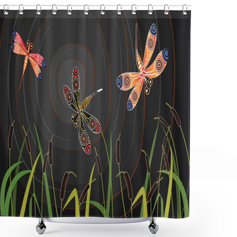 Personality  Dragonfly On Cattails Aboriginal Art Vector Painting. Shower Curtains