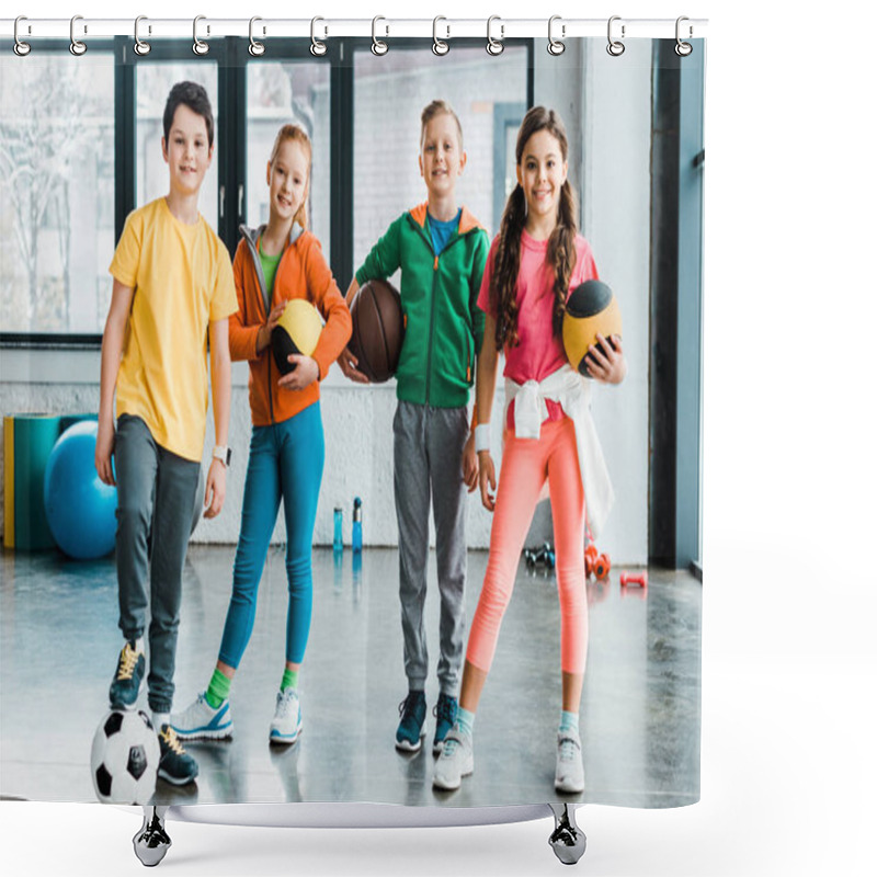 Personality  Full Length View Of Kids With Balls Looking At Camera Shower Curtains