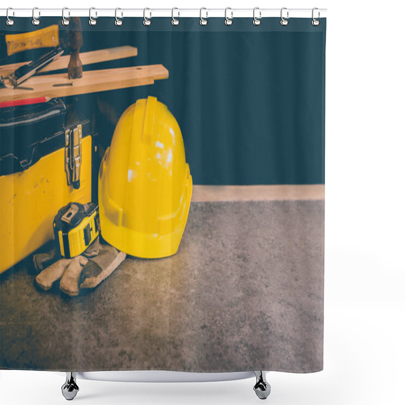 Personality  Happy Labor Day Concept And Background. Engineer And Worker Tools. Public Holiday In America And USA. Shower Curtains