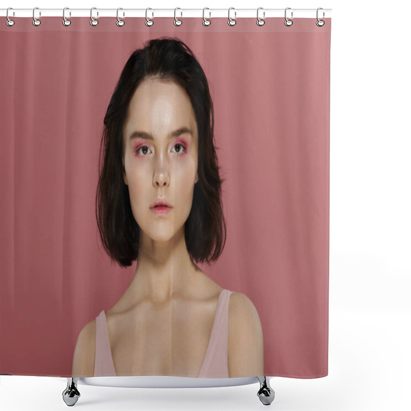 Personality  A Woman With Short Dark Hair Poses Against A Vibrant Pink Background. Shower Curtains