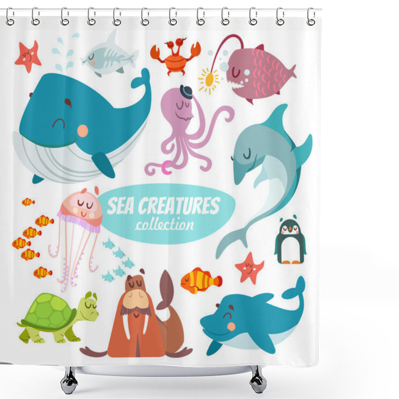 Personality  Big Set Of Cartoon Sea Creatures Shower Curtains