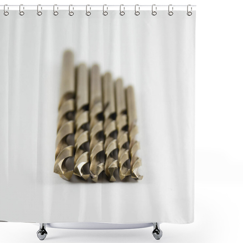 Personality  Drills For Metal On A White Background Shower Curtains