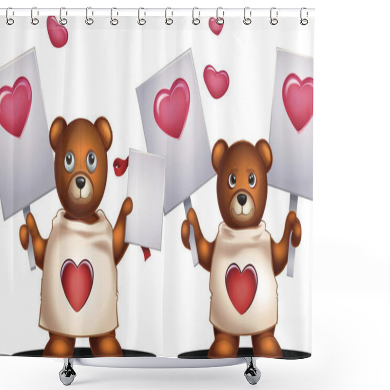 Personality  Teddy Bears Holding Heart-shaped Signs On A White Background. Shower Curtains