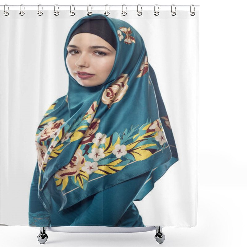 Personality  Woman Wearing Green Hijab Isolated On White Background Shower Curtains