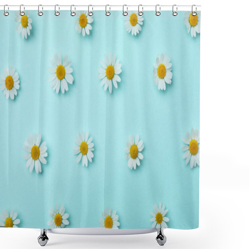 Personality  Flat Lay Composition With Beautiful Chamomiles On Light Blue Background Shower Curtains