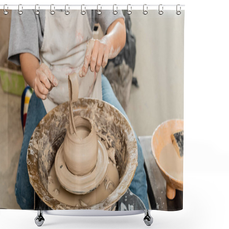 Personality  Cropped View Of Fmale Artisan In Apron Holding Clay While Making Vase On Spinning Pottery Wheel Near Blurred Bowl With Water In Ceramic Workshop, Artisanal Pottery Production And Process Shower Curtains