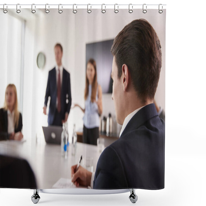 Personality  Businessman Making Notes At Group Meeting Around Table On Graduate Recruitment Assessment Day Shower Curtains