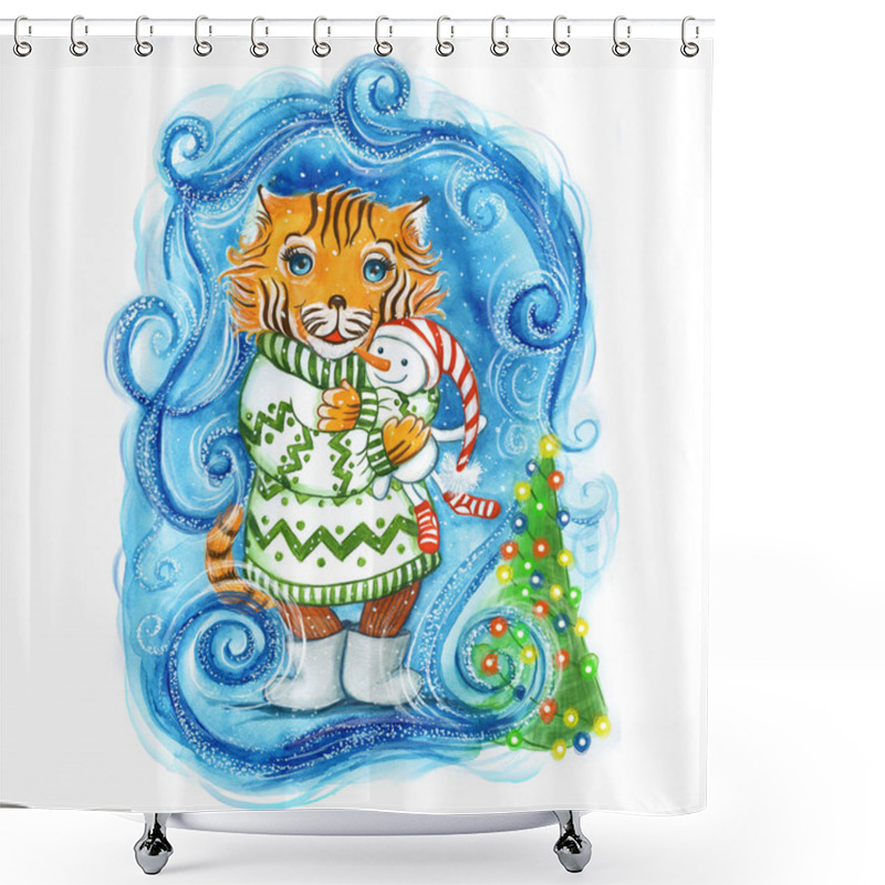 Personality  Watercolor Drawing Of A New Year's Christmas Tiger In A Green Sweater And With A Toy, A Snowman In Hand, Next To The Tree With A Garland, It Is Snowing Around And Snowflakes On A Blue Background, Frosty Patterns, For Decor Shower Curtains