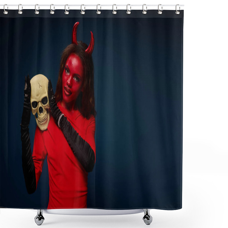 Personality  A Captivating Woman Dressed As A Devil Playfully Poses With A Skull, Embodying Halloween Spirit. Shower Curtains