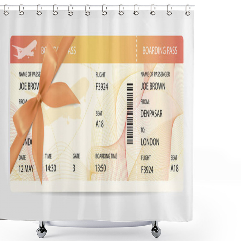 Personality  Boarding Pass (ticket, Traveler Check Template) With Gift Bow, Aircraft (airplane Or Plane) Silhouette On Background. Travel By Aerial Transport. Enjoy Your Vacation. Isolated Vector On White Shower Curtains