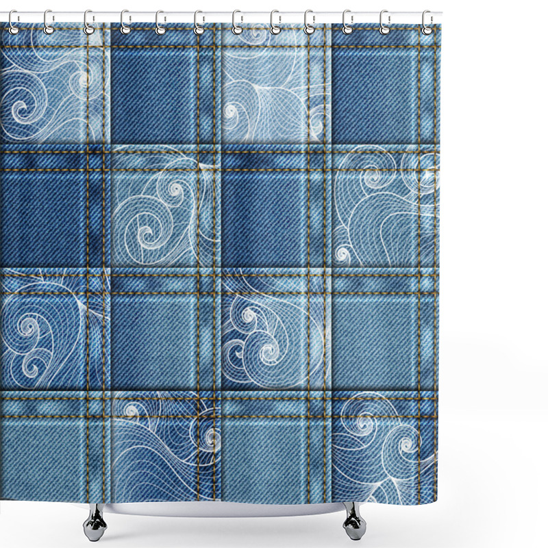 Personality  Denim Background Seamless. Patchwork Of Denim Fabric Shower Curtains