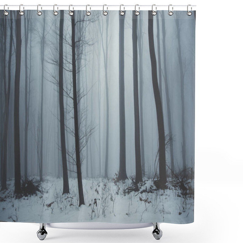 Personality  Winter Fantasy Woods Background With Trees And Snow In Fog Shower Curtains