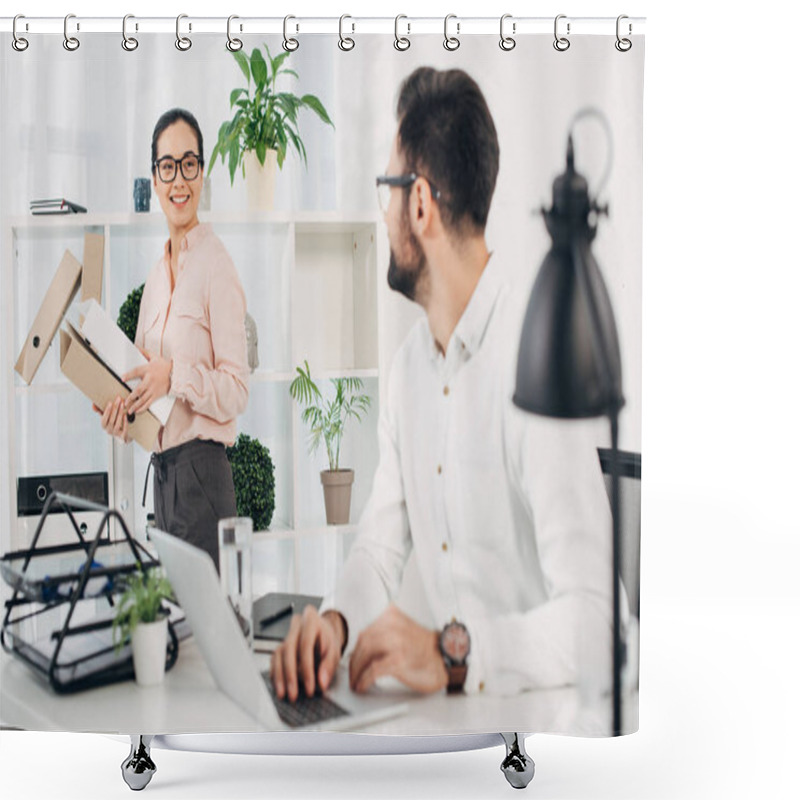 Personality  Selective Focus Of Female Manager Standing With Folders And Looking At Male Coworker  Shower Curtains