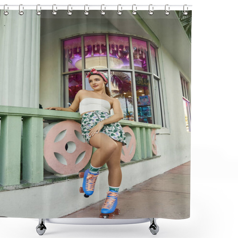 Personality  A Young Woman In Sunglasses And Stylish Attire Poses On Roller Skates In Miami. Shower Curtains