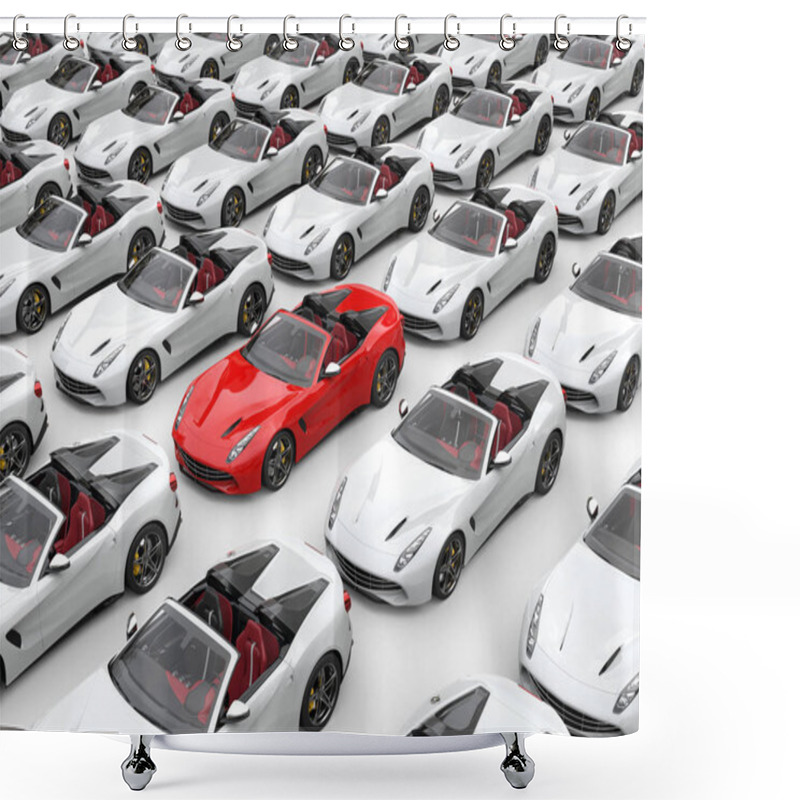 Personality  Awesome Red Sports Car Stands Out In The Middle Of The Field Of White Cars Shower Curtains