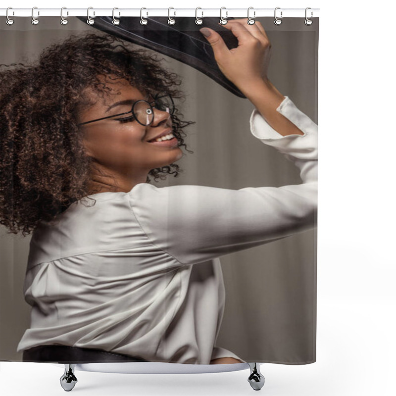 Personality  Attractive Young American Woman In White Shirt Wearing Glasses Pits Black Hat On Isolated On Grey Background Shower Curtains