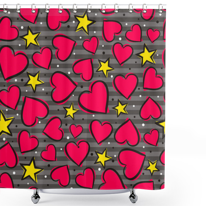 Personality  Seamless Pattern With Hearts And Stars On A Striped Gray Background. Cartoon Hand Drawn Pink Hearts And Yellow Stars. Template On The Theme Of Love, Weddings And Valentine's Day. Vector Illustration Shower Curtains