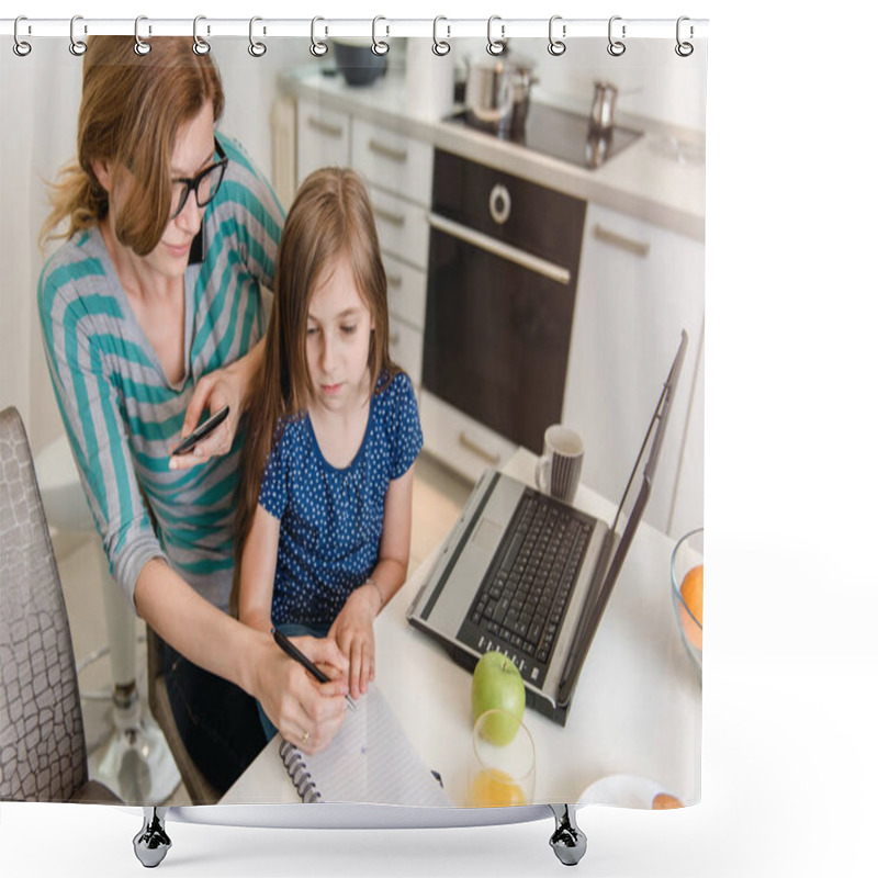 Personality  Mather Working At Home In The Kitchen With Daughter Shower Curtains