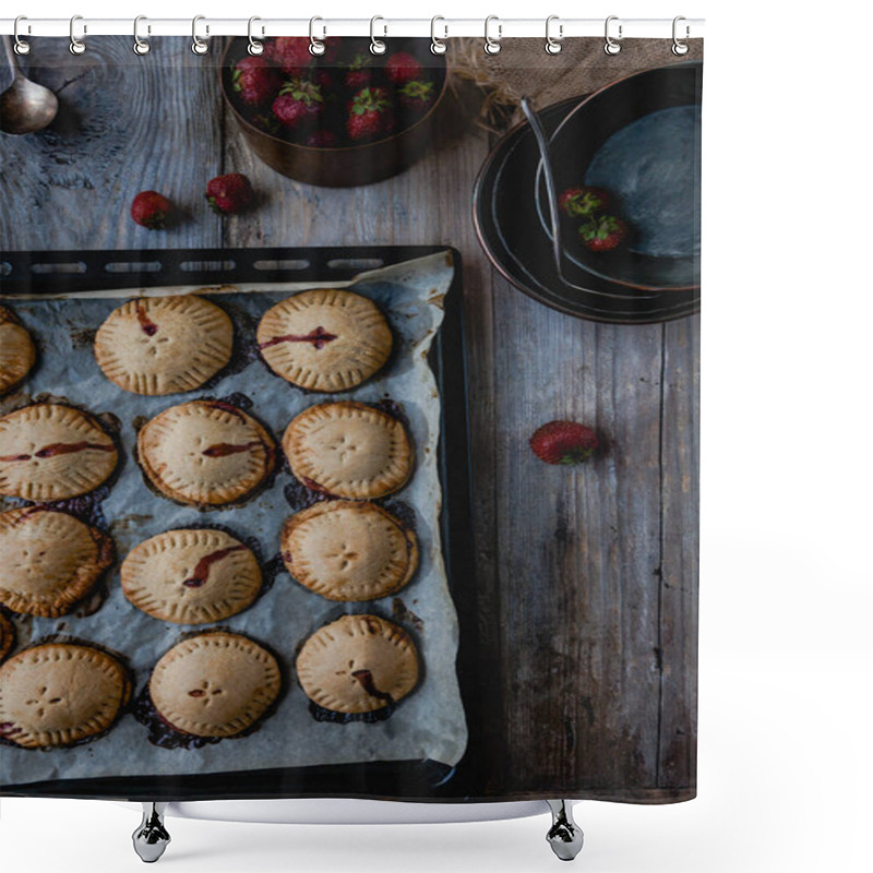 Personality  Elevated View Of Cooked Yummy Cookies With Strawberries On Tray Shower Curtains