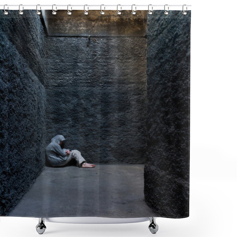 Personality  Scared, Insane Woman Hiding In A Corner Of An Ancient Building. Shower Curtains