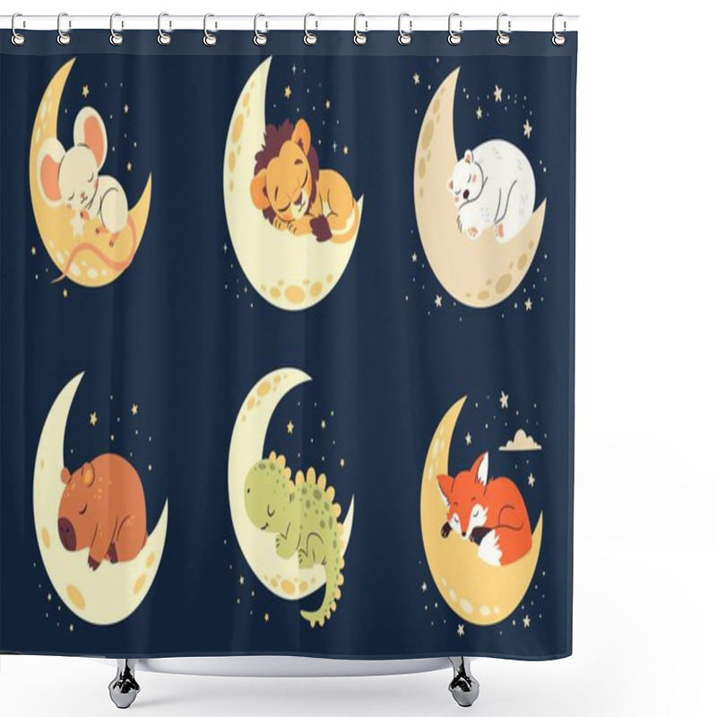 Personality  A Set Of Cute Illustrations In A Childish Style. Cute Newborn Animals Sleeping On The Moon, Night And Stars. Lion Capybara Fox Polar Bear Dinosaur Mouse. Vector Illustration Shower Curtains