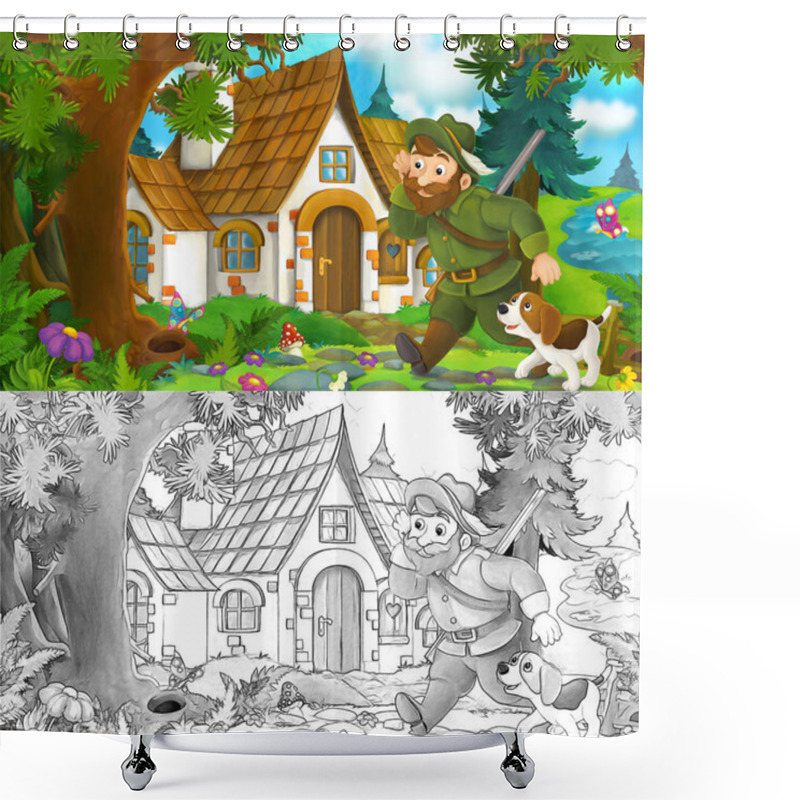 Personality  Cartoon Scene With A Hunter Walking Towards Beautiful Old House With His Dog - With Coloring Page Shower Curtains