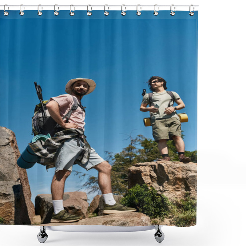 Personality  Two Young Men, A Gay Couple, Enjoy A Summer Hiking Adventure In The Wilderness. Shower Curtains