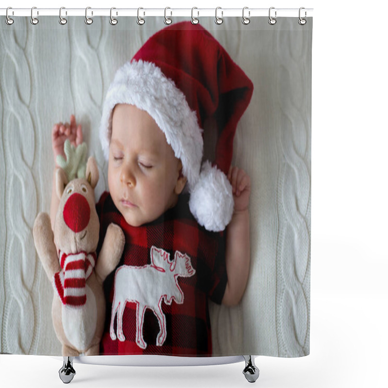 Personality  Little Sleeping Newborn Baby Boy, Wearing Santa Hat  Shower Curtains