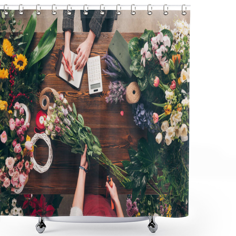 Personality  Cropped Image Of Two Female Florists At Flower Shop Shower Curtains