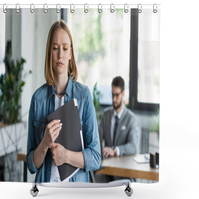 Personality  Sad Woman Holding Paper Folder With Resume In Blurred Office  Shower Curtains