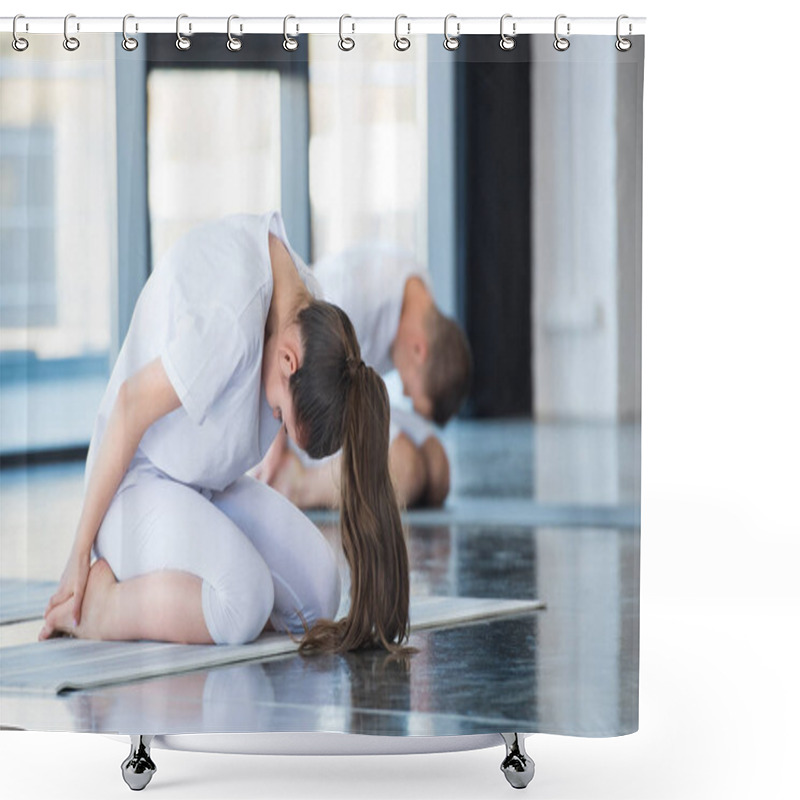 Personality  Woman In Child Pose Balasana With Instructor Shower Curtains