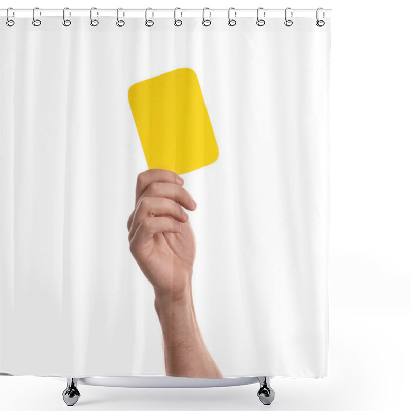 Personality  Man Holding Yellow Card On White Background, Closeup Of Hand Shower Curtains