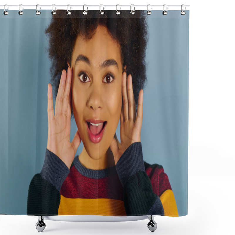 Personality  A Young Woman Displays A Surprised And Joyful Expression, Showing Her Emotional State. Shower Curtains