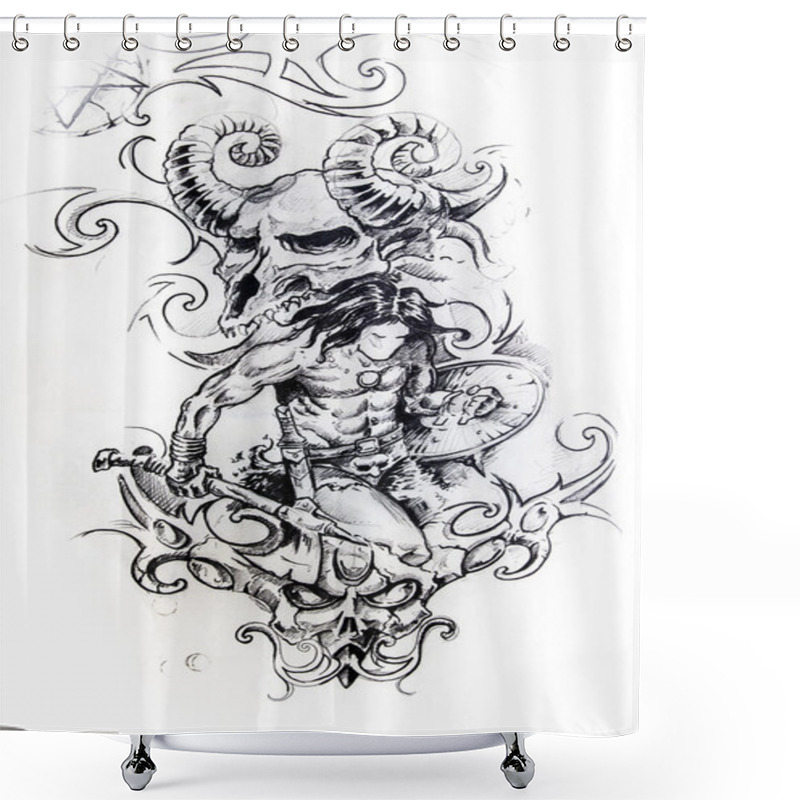 Personality  Viking Warrior, Sketch Of Tattoo Shower Curtains