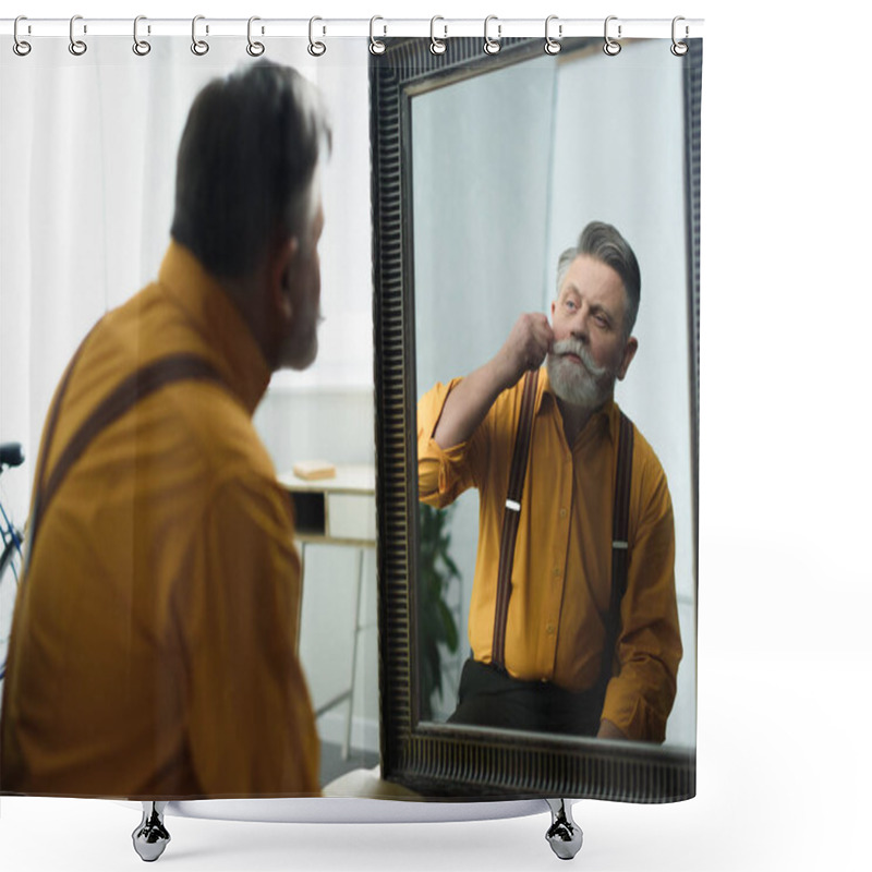 Personality  Handsome Bearded Senior Man Adjusting Moustache And Looking At Mirror Shower Curtains