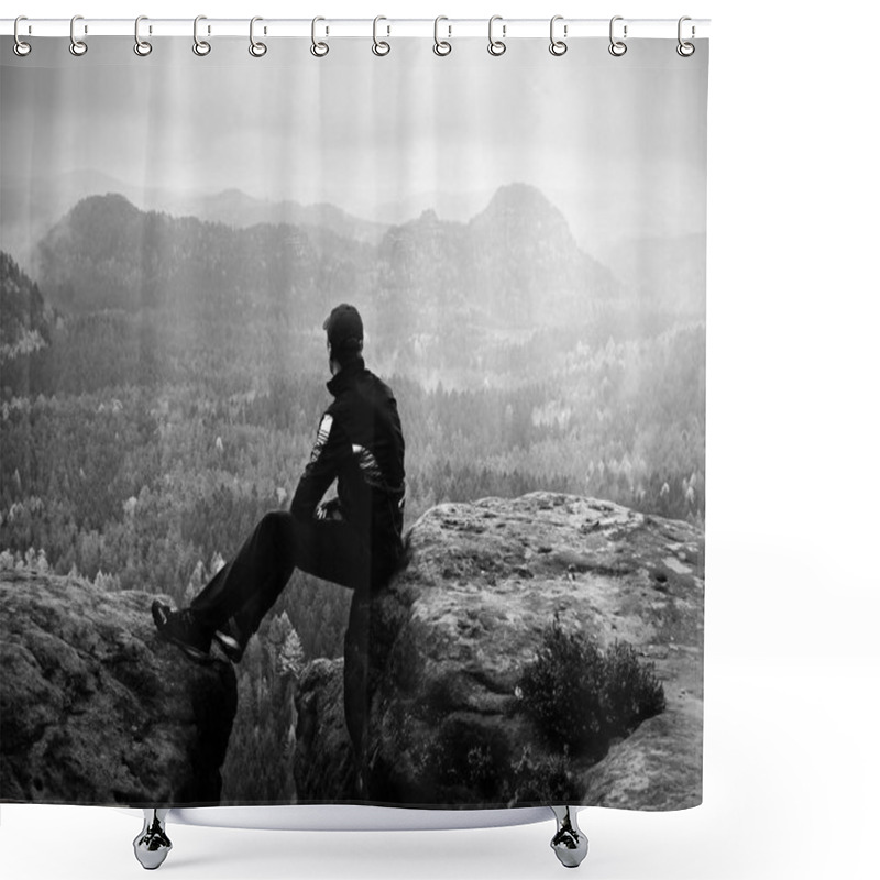 Personality  Man In Black Sit On Cracked Rocky Empires. Melancholy Misty Day Shower Curtains