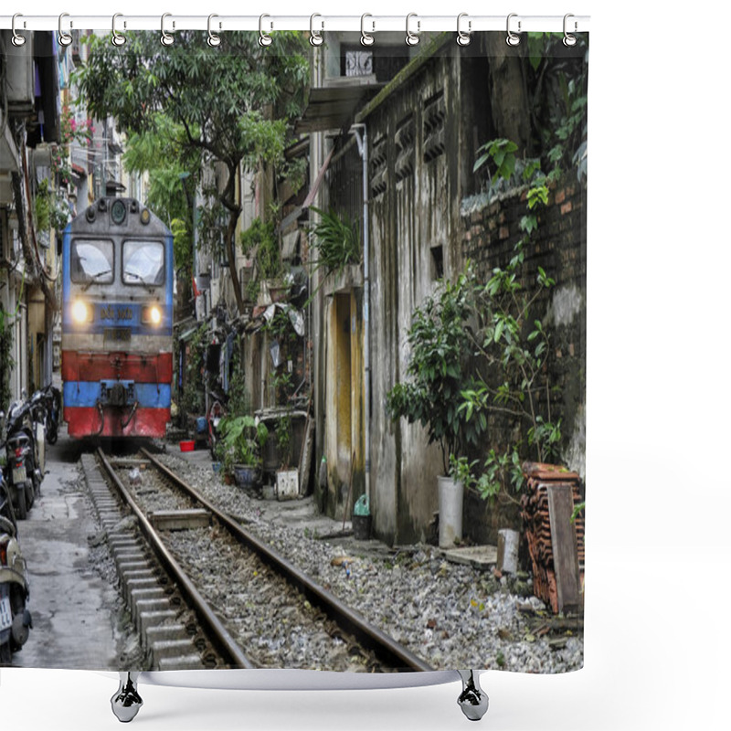 Personality  Hanoi, Vietnam - August 31: Train Crossing The Middle Of Hanoi City With Crowded Houses On August 31, 2018 In Hanoi, Vietnam. Shower Curtains