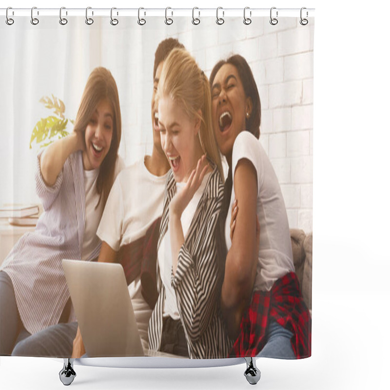 Personality  Teen Friends Watching Funny Video On Laptop Shower Curtains