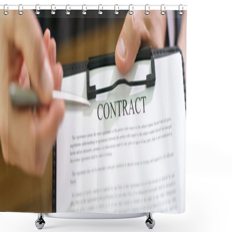 Personality  Male Manager Giving Client Contract Document And Pen For Signing Closeup. Official Employment Concept Shower Curtains