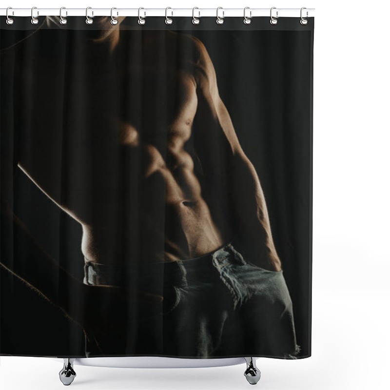 Personality  Fit Shirtless Man With Defined Abs, Captured In A Dark And Dramatic Lighting Setting, Emphasizing Physical Fitness And Strength. Shower Curtains