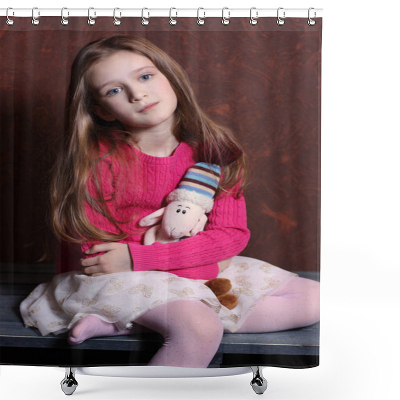 Personality  My Favourite Toy. Cute Little Girl With Blue Eyes Hugs A Toy And Dreams Or Is Sad. Shower Curtains