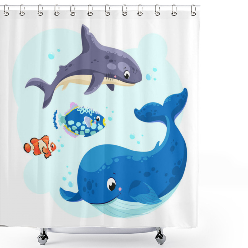 Personality  Sea Animals In The Sea. Cute Shark, Whale And Fish. Vector Illustration. Shower Curtains