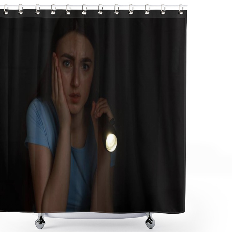 Personality  Fear Of Darkness. Scared Young Woman With Flashlight Indoors At Night, Space For Text Shower Curtains