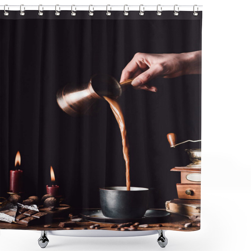 Personality  Partial Image Of Woman Pouring Coffee From Turk Into Cup At Table With Chocolate, Truffles, Candles And Coffee Grains On Black Background Shower Curtains