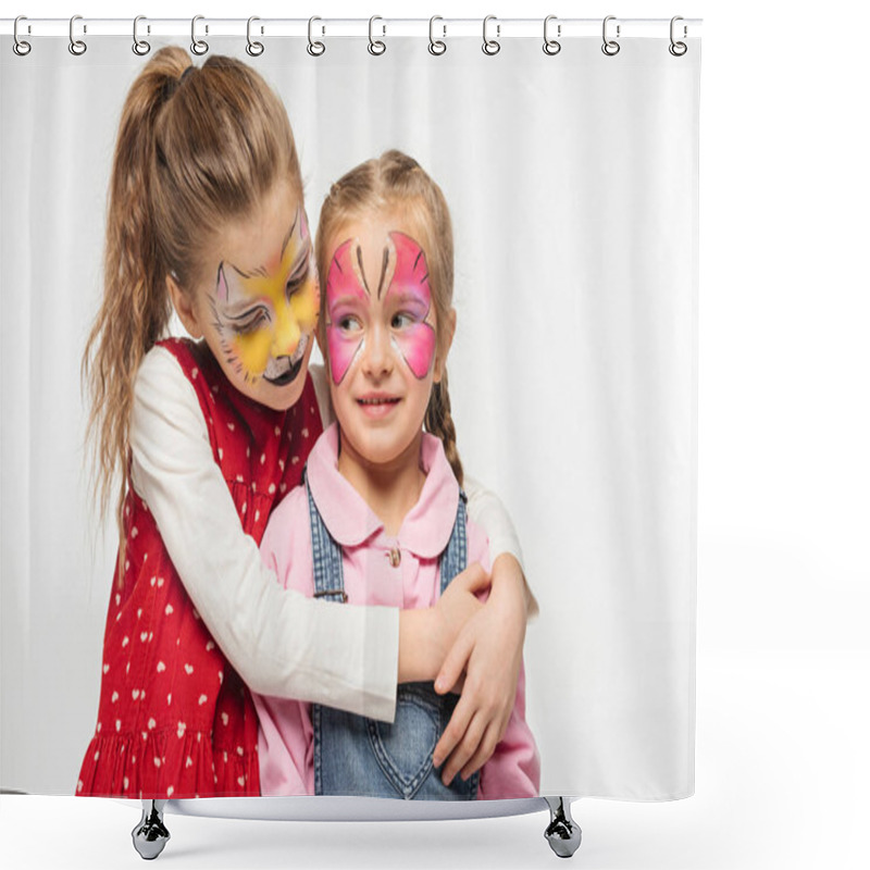 Personality  Adorable Kid With Cat Muzzle Painting On Face Embracing Friend With Painted Butterfly Mask Isolated On White Shower Curtains