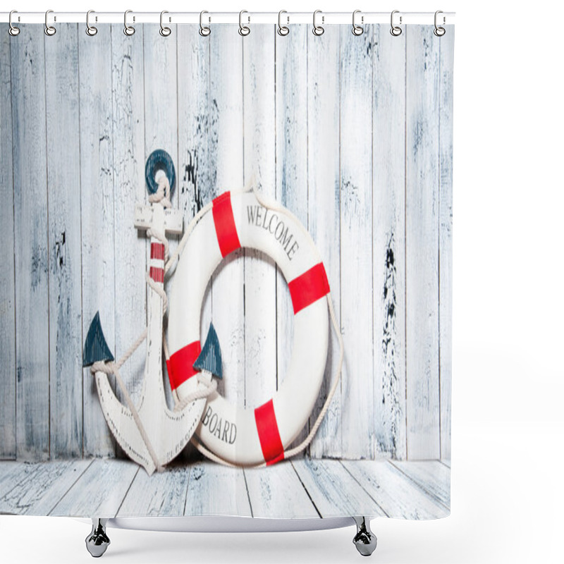 Personality  Anchor And Life Buoy On A Background Of White Shabby Wall Boards. Shower Curtains