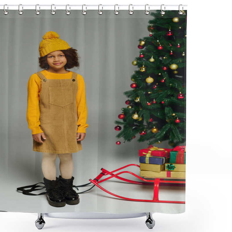 Personality  A Young Girl Stands Beside A Festive Christmas Tree Adorned With Colorful Decorations. Shower Curtains