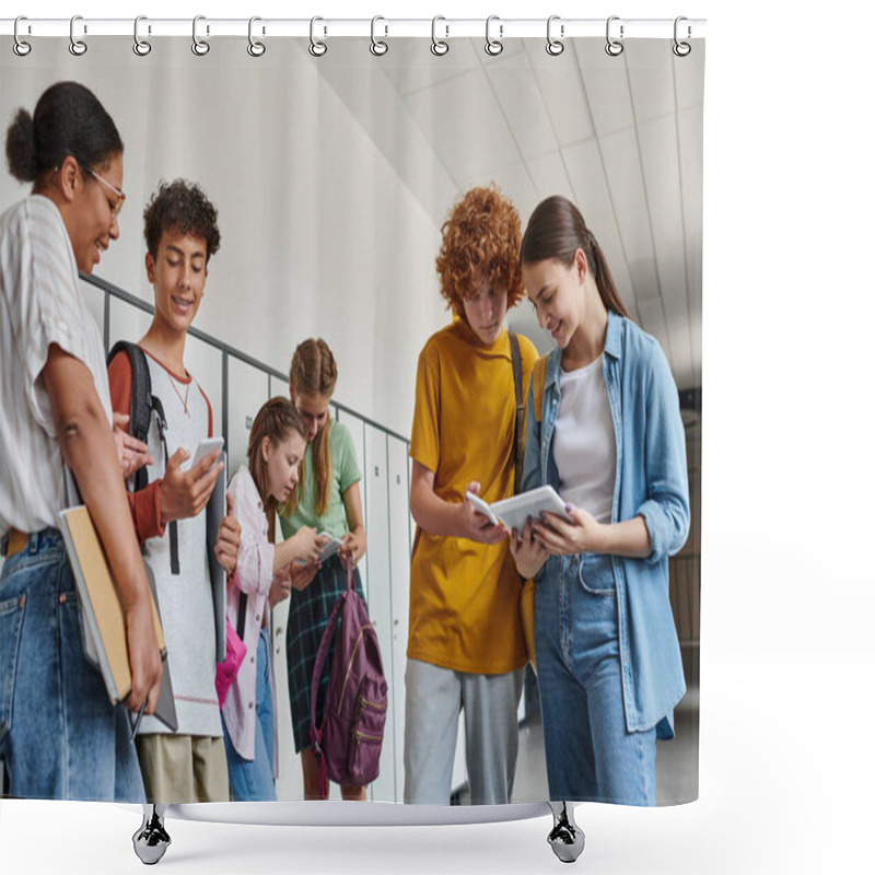 Personality  School Hallway, African American Teacher Near Teen Student, Schoolkids Holding Devices, Digital Age Shower Curtains