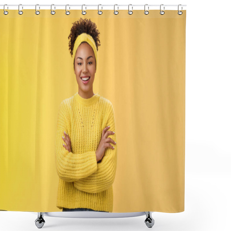 Personality  Serious Powerful Good-looking Smiling African-american Female Femenist Blogger Cross Hands Chest Confident Pose Grinning Delighted Enjoying Watching Working Process, Standing Yellow Background Shower Curtains