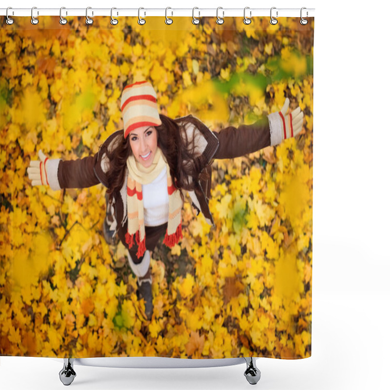 Personality  Happy Woman Playing In Autumn Shower Curtains